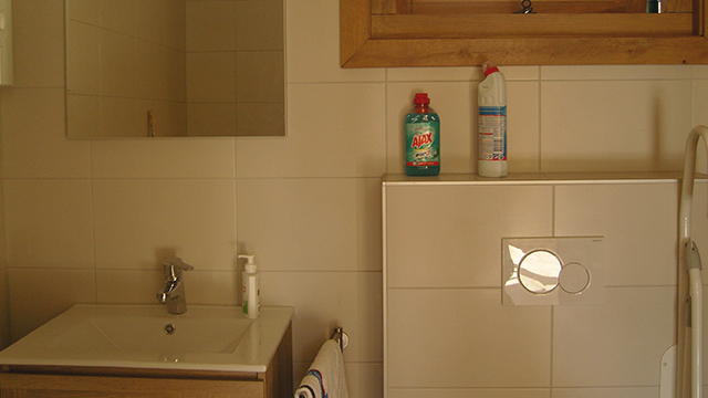 Badkamer voor senioren met strak tegelwerk. De badkamer heeft een toilet, wastafel en douche en is overal uitgerust met veilig handgrepen. Jakob van den Berg, Elspeet. Badkamer voor senioren met strak tegelwerk. Jakob van den Berg